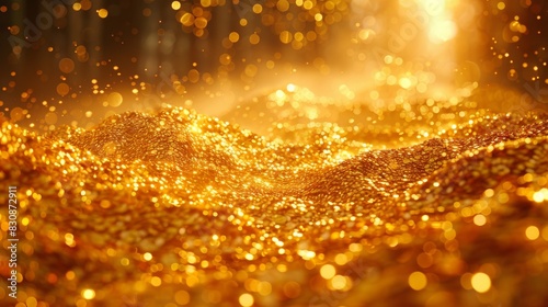 Waves of gold coins emit a sparkling bokeh effect, symbolizing abundant wealth