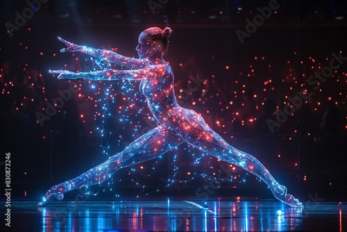 A surrealistic dancer merging with futuristic holographic technologies in a mesmerizing dance performance, at eye level