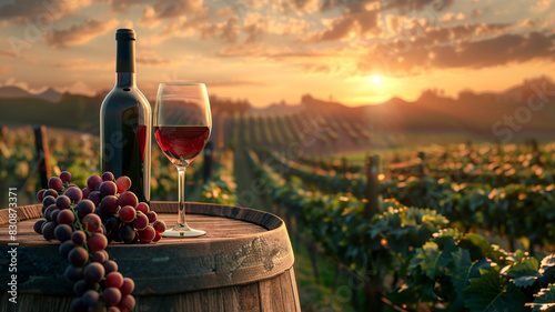Wine bottle and glass with grapes on a wooden barrel on a vineyard landscape at sunrise