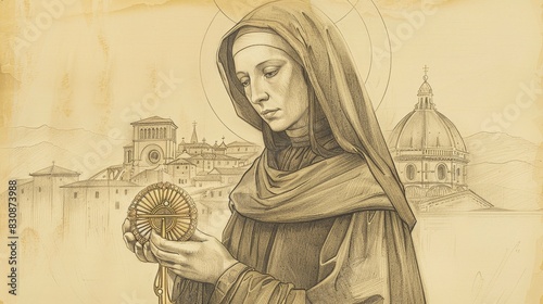 St. Clare of Assisi Holding Monstrance, San Damiano, Biblical Illustration, Beige Background, Copyspace