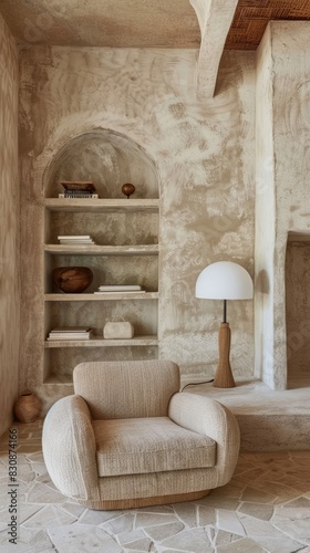 minimalist reading nook adorned with a stylish armchair, a sleek modern lamp, and a wall-mounted shelf, a selection of books, inviting you to escape into the world of literature with comfort or style.