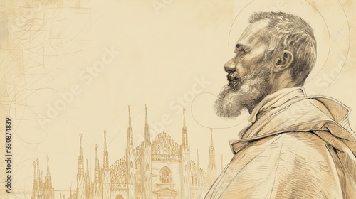 St. Charles Borromeo Reflecting at Milan Cathedral, Biblical Illustration, Beige Background, Copyspace