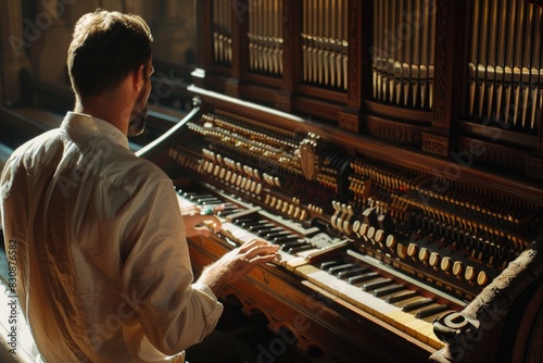 A man in a white shirt playing a pipe organ. Suitable for music or religious themes