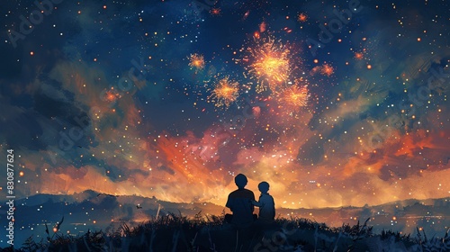 Father and Son Watching Fireworks