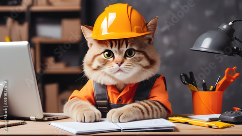 Handsome cat engineer construction worker sitting at the desk and using notebook for work, Generative AI