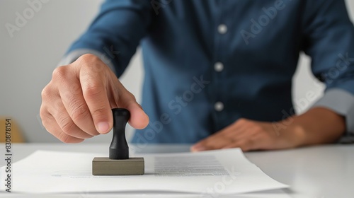 Close-Up of Man Stamping Document with Approved Stamp in Office