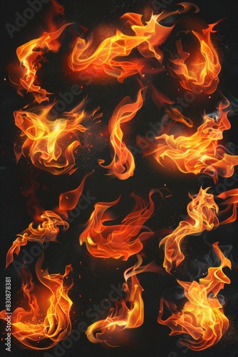 A collection of fire flames on a black background. Perfect for adding a fiery touch to designs