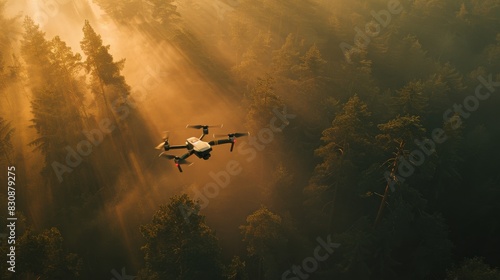 A drone is flying over a dirt road with trees in the background