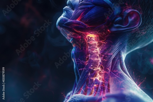 Man with glowing neck experiencing neck pain, suitable for medical concepts