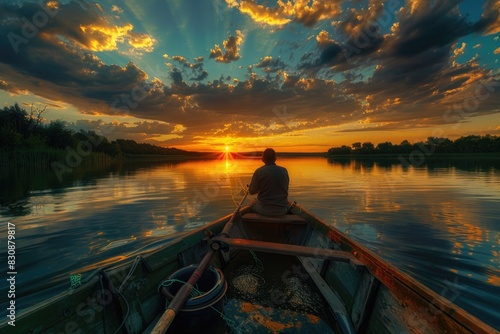 A serene image of a man in a boat on a peaceful lake at sunset. Suitable for travel and relaxation themes