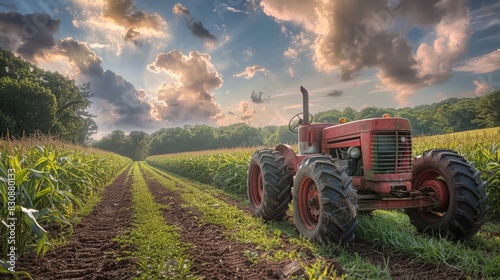 A stunning photograph of a vintage red tractor parked amidst a a lush green corn field, rustic charm, generated with AI