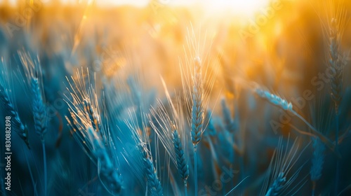 A field of wheat is illuminated by the sun, creating a warm