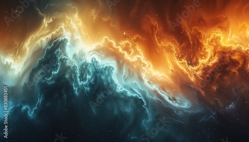 Abstract cosmic nebula with swirling colors of blue and orange.