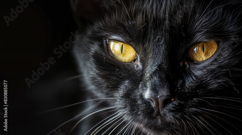 Close up of a black cat with yellow eyes and pink nose on a pitch black background, generated with AI