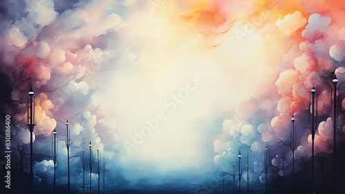 Sky and street lights along the road, watercolor background postcard with copy space