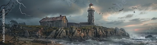 Dramatic coastal lighthouse scene with stormy skies, waves crashing on rocky shore, and seabirds flying, showcasing nature's power and beauty.