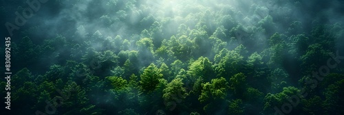 Lush verdant forest shrouded in captivating mist and mystical haze creating a serene and ethereal natural landscape for and adventure