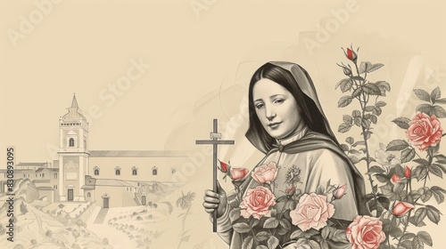 Holding Crucifix and Roses, St. Therese of the Child Jesus in Carmelite Convent, Biblical Illustration, Beige Background, Copyspace