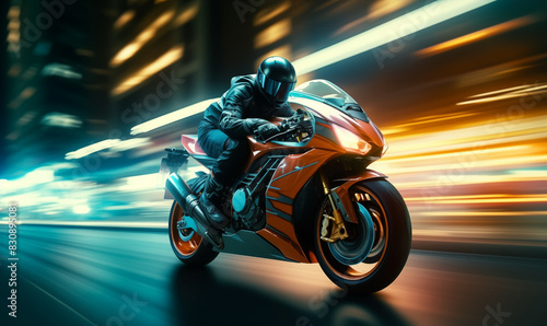 Speeding motorbike on the street at night, sport motorcycles concept, generated ai