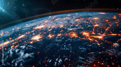 A close up of the Earth with a bright orange glow surrounding it. Concept of chaos and destruction, as the orange glow represents fires and explosions