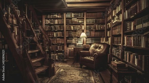 Cozy library filled with books, featuring a leather armchair, warm lighting, and wooden shelves, creating a vintage and inviting atmosphere.