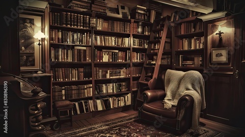 Cozy vintage library with wooden shelves filled with books, an armchair and warm lighting creating an inviting reading nook.