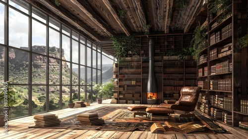 Cozy reading nook with a modern wood-burning stove, leather lounger, and scenic mountain view from large panoramic windows in a rustic library.