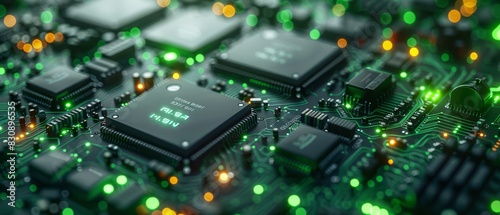 Close-up of microchips and circuits, detailed texture, green and black tones, copy space,