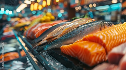 Fresh fish counter in a grocery store, various fish, bright lighting, copy space for text