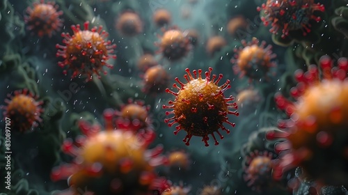 Microscopic view of dangerous virus particles during a deadly pandemic outbreak affecting global public health and medical research description This