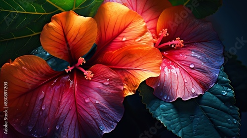Macro photography of the vibrant, sunlit leaves of a hibiscus plant, their exotic beauty symbolizing tropical climates and natural allure.