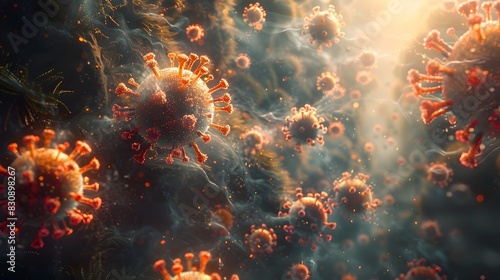 Microscopic View of Ominous Viral Outbreak Amidst Surreal Pandemic Crisis