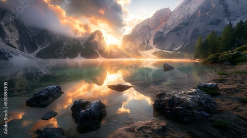 Lake in the mountains in the dolomites at sunrise with rocks on the beach