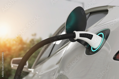 Electric Car Charging At Power Station with blurred natural light on background.