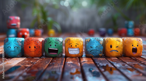 Colorful blocks with various expressive faces are lined up on a wet wooden surface, reflecting different emotions like happiness, sadness, and surprise. 