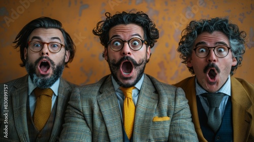 Creative photo composition of the same surprised man replicated thrice in different colorful outfits