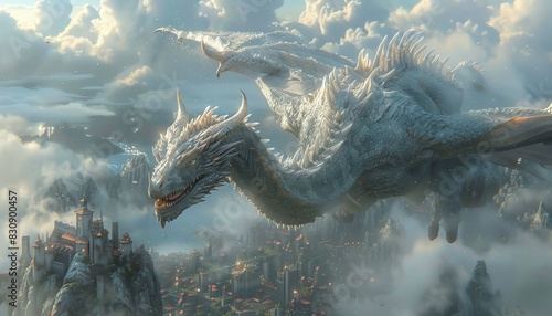 Majestic white dragon soaring above a fantasy city.