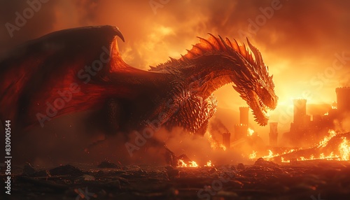 Two fiery dragons soar over a burning city, their wings spread wide.
