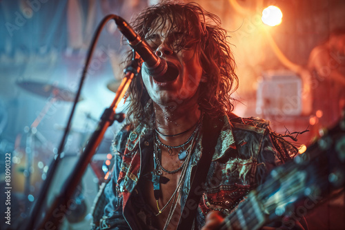 Rock Singer Performing on Stage with Electric Guitar in Intense Lighting