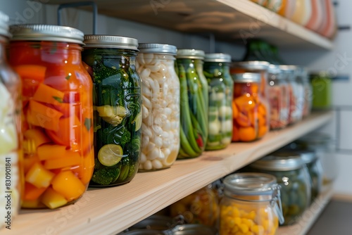 shelf filled with lots of different types of food in jars
