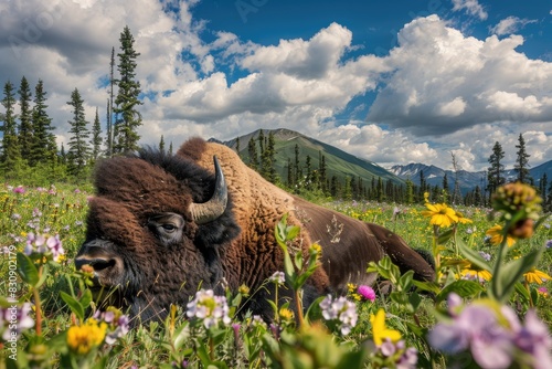a image of a bison laying in a field of wildflowers