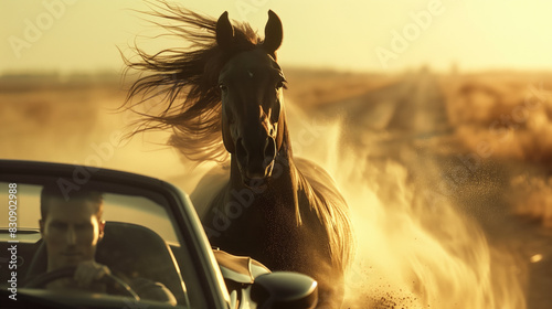 Horse Running Next to Convertible Car on Dusty Road.