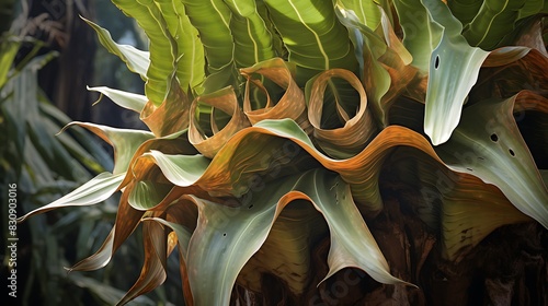 Vibrant, detailed image of the serrated leaves of a staghorn fern, their unique growth on tree trunks underlined, symbolizing symbiosis and survival.