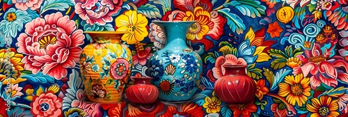 Vibrant Floral Bouquet and Ceramic Vases in Traditional Folklore Pattern Design