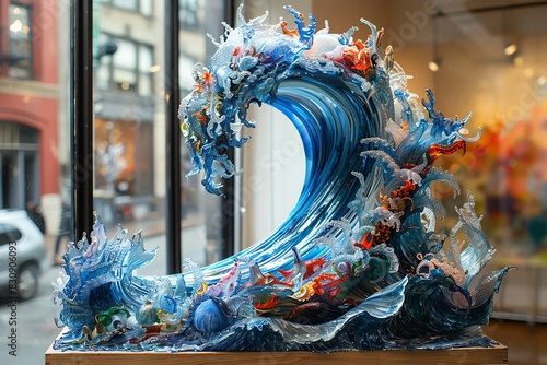 Colorful glass sculpture of a crashing wave with sea life.