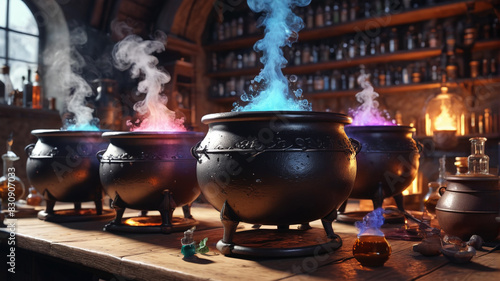In the Alchemist's Laboratory, bubbling cauldrons scent the air with potent potions, Generative AI