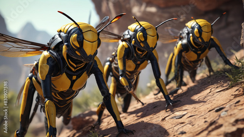 In the Nest of the Wasp Sovereign, fierce warriors stand guard, defending their home with venomous stingers and swift strikes, Generative AI