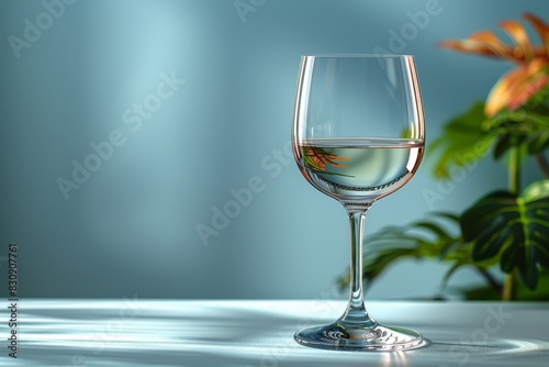 Sparkling water liquid in wine goblet glass isolated in the center of the background with light and shadow shot in the studio.