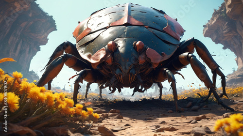 Deep in the Chitin Citadel of the Giant Beetle Overlord, massive carapaces shield a sprawling colony ruled by the colossal monarch, Generative AI
