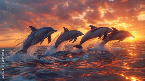 A stunning widescreen image of dolphins leaping across the horizon during a dramatic sunset. The sky is ablaze with rich colors